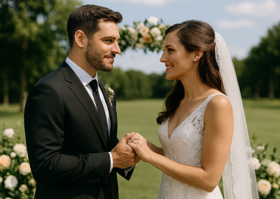 Pareja celebrando su ceremonia de boda al aire libre en una finca rodeada de naturaleza y flores