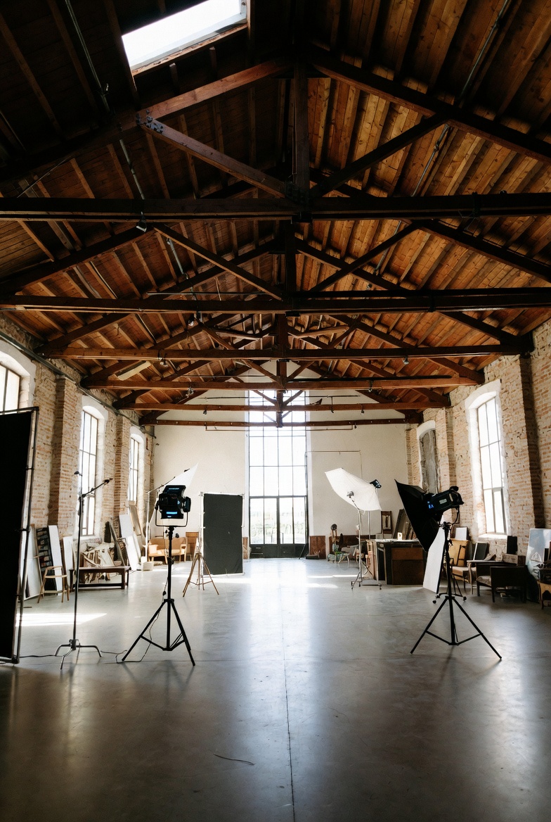 Un vasto estudio de fotografía y vídeo de estilo industrial en Espacio 1902. La imagen captura un espacio de techo alto con vigas de madera vistas, un tragaluz y un suelo de hormigón pulido. En el centro, hay un set de iluminación profesional con dos luces de estudio montadas en trípodes negros y softboxes de tela blanca. Al fondo, un gran panel negro de fondo está listo para un rodaje o sesión de fotos. A la derecha, un grupo de profesionales de la producción está sentado en una larga mesa de madera rústica, revisando documentos e interactuando, con un letrero de madera que dice "ESPACIO 1902 - UN REFUGIO PARA GRUPOS" visible. A la izquierda, otro grupo está trabajando en un set más pequeño con equipos de monitorización y C-stands. El espacio está iluminado por luz natural que entra a través de una gran ventana de panel de cristal en el fondo.